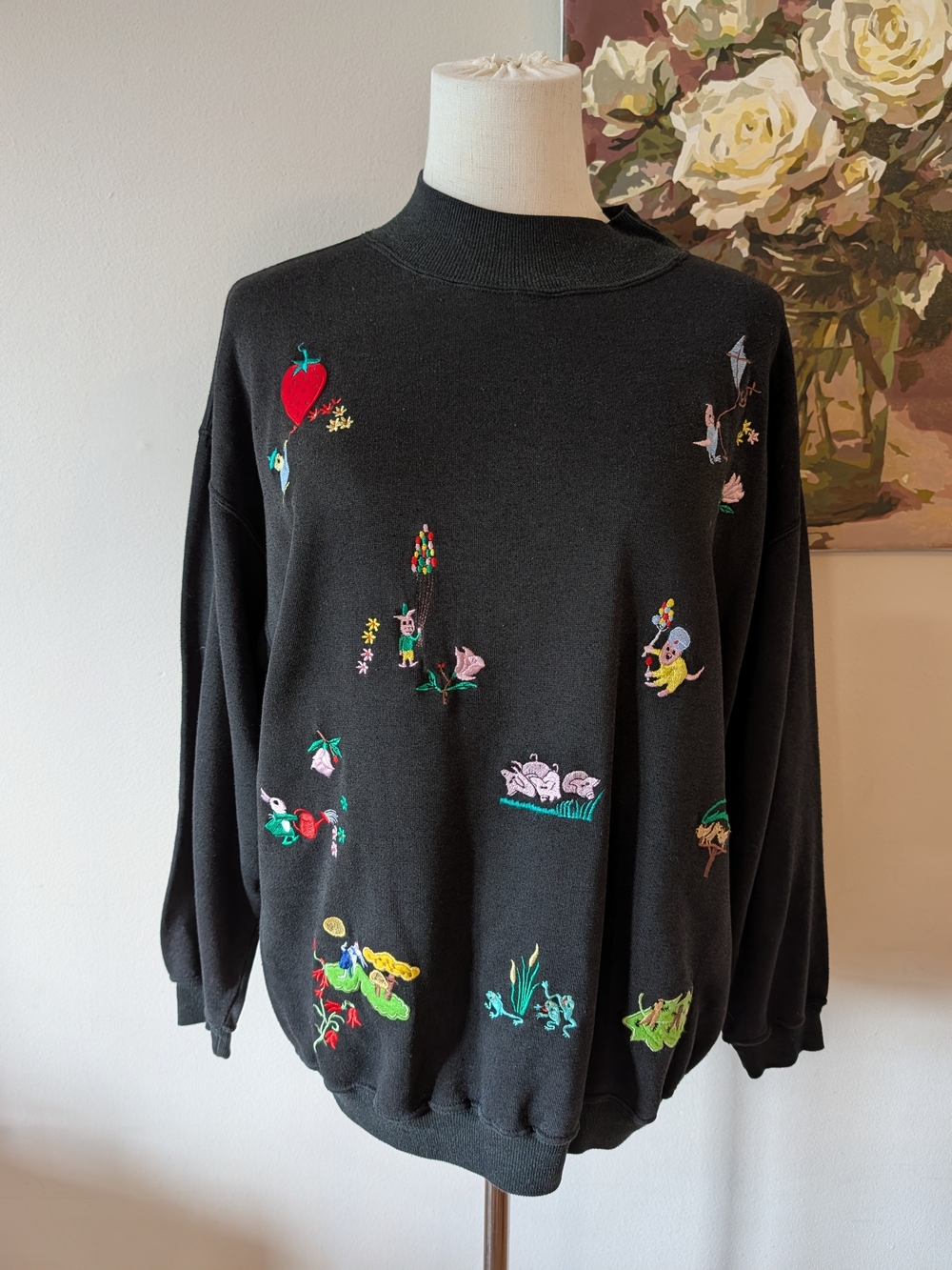 Vintage Black Embroidered Crewneck Sweater